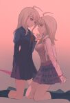  2girls ahoge akamatsu_kaede backpack bag black_shirt black_skirt black_socks blonde_hair breasts danganronpa_(series) danganronpa_v3:_killing_harmony dual_persona eye_contact fu_ga_(vivi912912) gradient_background hair_ornament hand_up highres kneehighs kneeling long_hair looking_at_another medium_breasts miniskirt multiple_girls musical_note musical_note_hair_ornament neckerchief pink_sweater_vest pleated_skirt purple_skirt red_neckerchief shirt skirt socks sweater_vest white_shirt 