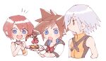  1girl 2boys amiibo bare_shoulders black_choker black_shirt blue_eyes brown_hair camisole chain_necklace chibi choker commentary cropped_torso figure fingerless_gloves gloves grey_hair hair_between_eyes in_palm jacket jewelry kairi_(kingdom_hearts) keyblade kingdom_hearts light_blush looking_at_another multiple_boys necklace nitoya_00630a open_mouth own_hands_together redhead riku_(kingdom_hearts) shirt shirt_under_shirt short_hair short_sleeves smile sora_(kingdom_hearts) spiky_hair vest white_background white_camisole white_gloves white_jacket yellow_vest yellow_wristband 