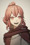  1girl :d anna_(fire_emblem) cape crossed_bangs dress fire_emblem fire_emblem_engage long_hair open_mouth pochiz0 ponytail red_dress red_eyes redhead smile solo teeth twitter_username two-tone_dress upper_body white_dress 