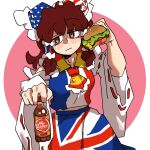  1girl alternate_color american_flag american_flag_print ascot blush bow brown_eyes brown_hair burger closed_mouth commentary cowboy_shot detached_sleeves dr_pepper english_commentary expressionless flag_print food frilled_hair_tubes frilled_shirt_collar frills hair_bow hair_tubes hakurei_reimu highres holding holding_burger holding_food looking_at_viewer medium_bangs medium_hair okinanocanvas pink_background print_ascot print_bow print_shirt red_bow ribbon-trimmed_sleeves ribbon_trim shirt sidelocks simple_background sleeveless sleeveless_shirt solo spanish_flag spanish_flag_print touhou two-tone_background union_jack union_jack_print white_background white_sleeves wide_sleeves 