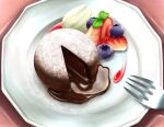  absurdres blueberry cake chocolate fondant_au_chocolat food food_focus fork fruit highres laia_alkaloid no_humans original plate strawberry sugar_(food) 