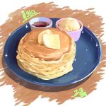  absurdres cup food food_focus highres no_humans original pancake pancake_stack plate sauce still_life table takisou_sou 