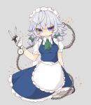  1girl apron between_fingers bow braid chain chibi green_bow grey_hair holding holding_knife izayoi_sakuya knife knives_between_fingers maid maid_apron maid_headdress one-hour_drawing_challenge pocket_watch touhou twin_braids waist_apron watch wings yaco_(nuitnotte) 