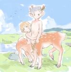  2boys aged_down animal_ear_fluff animal_ears antlers blonde_hair blue_hair blue_sky brothers brown_eyes brown_fur centauroid child clive_rosfield closed_mouth clouds deer_boy deer_ears deer_tail field final_fantasy final_fantasy_xiv full_body grass highres holding holding_plant hooves horns hug joshua_rosfield looking_at_viewer male_focus monster_boy monsterification mountainous_horizon multiple_boys outdoors plant rock short_hair siblings simple_bird sky standing tail taur very_short_hair yoshikawa_5sai 