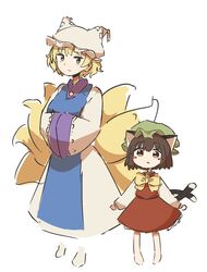  2girls animal_ears bare_legs barefoot blonde_hair blue_tabard blush_stickers bow bowtie brown_eyes brown_hair cat_ears cat_tail chen child commentary_request dress expressionless fox_tail full_body green_hat hands_in_opposite_sleeves hat height_difference highres kyuukei_usagi long_sleeves mob_cap multiple_girls multiple_tails nekomata parted_lips pigeon-toed puffy_long_sleeves puffy_sleeves red_skirt red_vest short_hair skirt skirt_set standing tabard tail touhou two_tails vest white_dress white_hat wide_sleeves yakumo_ran yellow_bow yellow_bowtie yellow_eyes 