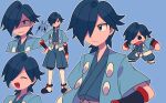  1boy black_footwear black_wristband blue_background blue_eyes blue_hair chibi closed_mouth commentary falkner_(pokemon) hair_over_one_eye hand_on_own_hip highres jacket japanese_clothes kimono male_focus medium_hair multiple_views outline parted_lips pokemon pokemon_hgss shoes shorts smile socks standing symbol-only_commentary tyako_089 white_socks 