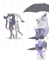  1boy 3girls arms_up blade_(honkai:_star_rail) blue_hair carrying carrying_overhead carrying_person firefly_(honkai:_star_rail) gnarlypzofbread grey_hair high_ponytail highres holding holding_umbrella honkai:_star_rail honkai_(series) jacket kafka_(honkai:_star_rail) long_hair multiple_girls purple_hair rain shorts silver_wolf_(honkai:_star_rail) sketch umbrella 