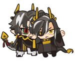  2boys :t antlers arknights arm_grab black_hair brothers chibi chinese_clothes chinese_commentary chong_yue_(arknights) closed_mouth commentary_request diamond-shaped_pupils diamond_(shape) dragon_boy dragon_horns dragon_tail earrings full_body fur-tipped_tail green_eyes horns jewelry long_hair long_sleeves looking_at_another looking_at_viewer low_ponytail male_focus mismatched_pupils mismatched_sclera multicolored_hair multiple_boys pointy_ears red_eyes ribbon shinra_18 siblings simple_background standing streaked_hair symbol-shaped_pupils tail tail_ornament tail_ribbon two-tone_eyes wang_(arknights) white_background white_hair wide_sleeves yellow_eyes 