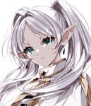  1girl capelet earrings frieren gold_trim green_eyes hair_intakes highres jewelry light_particles long_hair looking_at_viewer misteor pale_skin pointy_ears portrait simple_background solo sousou_no_frieren thick_eyelashes twintails white_background white_capelet white_hair 