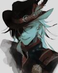  1boy annikin black_hair black_hat boothill_(honkai:_star_rail) ear_piercing earrings hair_over_one_eye hat hat_feather highres honkai:_star_rail honkai_(series) jewelry long_hair male_focus multicolored_hair piercing portrait sharp_teeth simple_background solo split-color_hair teeth two-tone_hair white_background white_hair 