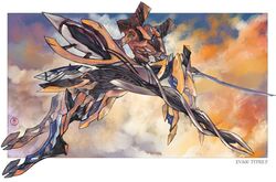  blue_sky border character_name clouds eva_00 eva_00_type_f from_side full_body highres holding holding_sword holding_weapon mecha_focus neon_genesis_evangelion non-humanoid_robot orange_clouds outside_border robot ruoyi120 sky solo sword weapon white_border 