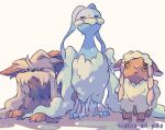  akira_(akira_art_poke) altaria animal_focus closed_eyes commentary dripping half-closed_eyes highres pokemon pokemon_(creature) standing stoutland symbol-only_commentary twitter_username water_drop watermark wet wooloo 