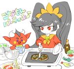  1girl :o ascot ashley_(warioware) bag bib black_hair blush_stickers bowl colored_skin cookie cooking cutting demon dress food grey_hair hairband holding holding_knife holding_plate horns knife long_hair long_sleeves looking_at_food open_mouth orange_ascot parted_lips plate red_(warioware) red_dress red_eyes red_skin red_sleeves short_hair skull_brooch smile solid_circle_eyes thick_eyebrows translation_request tsui_ni_tsuin twintails upper_body very_long_hair very_short_hair violet_eyes warioware warioware:_move_it! whisk white_background white_horns yellow_hairband 