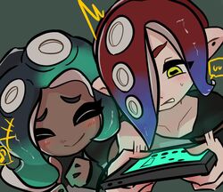  +++ 2girls ^_^ aqua_skin black_hair blue_hair closed_eyes closed_mouth collarbone colored_skin dark-skinned_female dark_skin dedf1sh furrowed_brow gradient_hair gradient_skin hair_over_one_eye highres horizontal_pupils marina_(splatoon) multicolored_hair multicolored_skin multiple_girls octoling playing_games redhead short_hair siawase2n smile splatoon_(series) splatoon_3 splatoon_3:_side_order spoken_sweatdrop suction_cups sweatdrop tentacle_hair two-tone_hair two-tone_skin yellow_eyes 