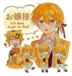  1boy 1girl :o ? absurdres aku_no_meshitsukai_(vocaloid) aku_no_musume_(vocaloid) allen_avadonia aqua_eyes ascot blonde_hair bow brioche brother_and_sister brown_footwear brown_ribbon brown_vest chibi choker coat collared_coat collared_jacket collared_shirt confused constricted_pupils dancing dress dress_flower earrings evillious_nendaiki flower food food_on_face frilled_sleeves frills hair_between_eyes hair_ornament hair_ribbon hairclip heart high_ponytail highres jacket jewelry kagamine_len kagamine_rin off-shoulder_dress off_shoulder open_mouth orange_bow pants ribbon riliane_lucifen_d&#039;autriche rose shaded_face shirt shoes short_ponytail siblings sidelocks square_mouth swept_bangs twins updo vest vocaloid white_ascot white_pants white_shirt wide_sleeves yellow_bow yellow_choker yellow_coat yellow_dress yellow_flower yellow_jacket yellow_rose yuzuyooja zzz 