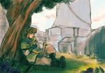 1boy black_footwear black_gloves boots brown_hair closed_mouth dated english_commentary fingerless_gloves flower full_body gloves grass green_tunic highres holding holding_instrument instrument link lyre male_focus music outdoors pants playing_instrument pointy_ears purple_flower signature solo the_legend_of_zelda the_legend_of_zelda:_skyward_sword tree under_tree white_pants yasmeen 