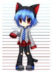  1girl absurdres animal_hat artist_name black_hat black_pants blue_hair blue_necktie cat_hat cat_tail chibi closed_mouth collared_shirt full_body grey_shirt hair_between_eyes hand_up hat highres kigidere long_sleeves looking_at_viewer miniskirt necktie original pants pants_under_skirt red_eyes red_skirt shirt short_hair skirt sleeves_past_fingers sleeves_past_wrists solo standing striped_necktie tail 