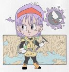  boots bulma chibi closed_mouth dragon_ball dragon_ball_z earrings fangs gastly ghost hairband highres jewelry pokemon pokemon_(creature) purple_hair red_hairband violet_eyes wesatinthecar 