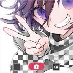  1boy black_scarf camera_phone checkered_clothes checkered_scarf commentary_request danganronpa_(series) danganronpa_v3:_killing_harmony dated fang fingernails grin hair_between_eyes jacket light_particles long_sleeves looking_at_viewer lowres male_focus oma_kokichi purple_hair scarf short_hair signature simple_background smile solo torn_clothes torn_scarf two-tone_scarf u_u_ki_u_u unmoving_pattern upper_body v violet_eyes white_background white_jacket white_scarf white_sleeves 