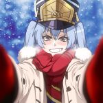  1girl altair_(re:creators) blue_eyes blue_hair blush buttons casual coat commentary_request dos_(james30226) fur_coat gloves gold_trim hair_between_eyes hair_ribbon hat light_blue_hair medium_bangs multicolored_eyes re:creators red_eyes red_gloves red_ribbon red_scarf ribbon scarf shaded_face shako_cap smile snowing solo square_pupils twintails 