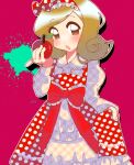  1girl apple blonde_hair bow brown_eyes dress food fruit hair_bow highres holding holding_food holding_fruit looking_at_viewer ms._delight_(poppy_playtime) open_mouth paint_splatter pink_background polka_dot polka_dot_bow polka_dot_dress polka_dot_hairband poppy_playtime red_bow rokisomg solo white_dress 
