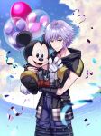  2boys absurdres animal_balloon balloon belt black_belt black_gloves black_jacket blue_pants blue_sky closed_mouth clouds cloudy_sky cocoro_oq commentary_request confetti disney fingerless_gloves furry furry_male gloves green_eyes highres hood hood_down jacket kingdom_hearts kingdom_hearts_iii leg_belt looking_at_viewer mickey_mouse mouse_boy multiple_boys open_clothes open_jacket open_mouth pants red_shorts riku_(kingdom_hearts) shirt short_hair shorts sitting sky standing tongue water waving white_gloves white_hair white_shirt yellow_footwear zipper 
