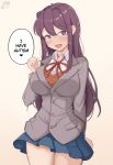  1girl :d absurdres arms_behind_back artist_logo artist_name blush border bow bowtie breasts brown_background brown_sweater_vest collared_shirt commentary cowboy_shot curled_fingers doki_doki_literature_club dress_shirt english_commentary english_text foot_up gradient_border grey_jacket hair_between_eyes hair_intakes hair_ornament hairclip hand_up highres jacket large_breasts long_hair long_sleeves looking_at_viewer neck_ribbon open_mouth pixiv_logo pixiv_username purple_hair red_bow red_bowtie red_ribbon ribbon school_uniform shirt signature smile solo speech_bubble standing sweater_vest twitter_username twitter_x_logo vaniste very_long_hair violet_eyes white_background white_footwear white_shirt yuri_(doki_doki_literature_club) 