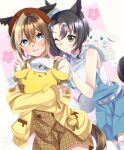  2girls alternate_costume animal_ears beret black_hair blue_eyes blush breasts brown_hair cheval_grand_(umamusume) commentary_request green_eyes hair_ornament hat highres horse_ears horse_girl horse_tail hug long_hair looking_at_viewer medium_hair multiple_girls one_eye_closed open_mouth ponzu_(rrrritisu) sanrio satono_crown_(umamusume) side_ponytail smile tail umamusume 