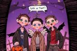  3boys angel angel_wings beard_stubble black_hair blue_eyes blush_stickers bow bowtie brothers brown_hair castiel coat cowboy_shot dean_winchester demon_horns demon_wings english_text facial_hair freckles graveyard green_eyes halloween halloween_bucket halloween_costume halo happy_halloween horns jacket jewelry leather leather_jacket looking_at_viewer ma_nn male_focus mature_male mole mole_on_nose moon multiple_boys necklace night short_hair siblings smile speech_bubble stubble supernatural_(tv_series) tongue tongue_out trench_coat trick_or_treat wings 