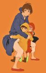  1boy 1girl absurdres blue_raincoat boots brown_eyes brown_hair child gake_no_ue_no_ponyo highres lisa_(ponyo) looking_at_viewer orange_background ponyo raincoat red_footwear red_raincoat rubber_boots sousuke_(ponyo) tombiiwa wet yellow_raincoat 