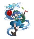 1girl absurdres backpack bag blue_hair boots cattail devilkillerx flat_cap front_ponytail full_body green_bag green_hat hair_bobbles hair_ornament hat highres kappa kawashiro_nitori plant rubber_boots solo tokin_hat touhou twintails two_side_up water white_background wrench