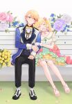  1boy 1girl 2_(tsvf3235) ascot bench blonde_hair blush brother_and_sister choker closed_mouth coat dress flower gradient_hair hair_flower hair_ornament head_on_another&#039;s_shoulder highres holding_hands long_hair long_sleeves multicolored_hair on_bench open_mouth orange_hair pants petals pink_hair project_sekai sandals short_hair siblings sidelocks sitting skirt smile tenma_saki tenma_tsukasa twintails vest wrist_cuffs yellow_eyes 