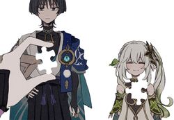  1boy 1girl aqua_sleeves armlet arms_behind_back bare_shoulders black_bodysuit black_bow black_eyes black_hair black_shorts blue_cape blush bodysuit bow braid bridal_gauntlets cape closed_eyes closed_mouth collarbone detached_sleeves double-parted_bangs dress expressionless feathers genshin_impact gold gold_ring gold_trim gradient_hair green_hair hair_between_eyes hair_ornament hakama hakama_shorts hand_on_own_hip highres holding_puzzle_piece japanese_clothes jewelry kimono layered_clothes layered_kimono layered_sleeves leaf leaf_hair_ornament mandarin_collar marmochi middle_ring multicolored_hair nahida_(genshin_impact) open_clothes open_kimono pointy_ears pom_pom_(clothes) puzzle_piece ring scaramouche_(genshin_impact) short_sleeves shorts side_braid side_ponytail sidelocks single_braid smile standing tanamigohan tassel vision_(genshin_impact) wanderer_(genshin_impact) white_background white_dress white_hair white_kimono 