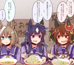  3girls animal_ears blue_eyes bow bowtie braided_hair_rings brown_hair cheval_grand_(umamusume) chopsticks ear_covers gentildonna_(umamusume) hair_between_eyes heart-shaped_ornament heart_ear_ornament highres holding holding_chopsticks horse_ears horse_girl long_hair long_sleeves looking_at_another mole mole_under_eye multicolored_hair multiple_girls purple_hair purple_serafuku purple_shirt red_eyes sailor_collar sailor_shirt school_uniform serafuku shirt sidelocks single_ear_cover streaked_hair tracen_school_uniform umamusume upper_body verxina_(umamusume) violet_eyes white_bow white_bowtie white_hair yonedatomo_mizu 