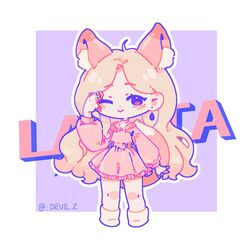  1girl animal_ears animification blonde_hair boots border chibi devilzong dress fox_ears fox_girl fox_tail g-i-dle k-pop kemonomimi_mode long_hair one_eye_closed outside_border parted_bangs pink_dress purple_background real_life red_eyes simple_background smile solo soyeon tail twitter_username very_long_hair white_border white_footwear 