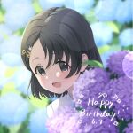  1girl artist_name asymmetrical_bangs birthday black_hair blue_flower blush child commentary_request dated day dot_nose english_text field flower flower_field hair_ornament happy_birthday highres idolmaster idolmaster_cinderella_girls lens_flare lens_flare_abuse light_blush looking_at_viewer medium_bangs megabee_e open_mouth outdoors purple_flower purple_ribbon rabbit_hair_ornament ribbon sasaki_chie short_hair signature smile standing straight_hair swept_bangs teeth tongue twitter_username upper_teeth_only 