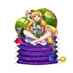  1girl alternate_color barefoot blonde_hair crossed_arms cuffs fang full_body game_cg gourd green_skirt highres horn_ornament horn_ribbon horns ibuki_suika ibuki_suika_(verdant_green_kishin) long_hair looking_at_viewer open_mouth ribbon rotte_(1109) shackles shirt simple_background sitting skirt solo third-party_source torn_clothes torn_shirt touhou touhou_lostword white_background white_shirt wrist_cuffs yellow_eyes 