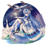  1girl blue_dress blue_hair bodystocking bonnet building constellation dress elbow_gloves food-themed_hair_ornament frilled_dress frills galaxy gloves hair_ornament highres hinanawi_tenshi international_space_station long_hair mechrailgun night night_sky no_shoes pantyhose peach_hair_ornament rainbow_order red_eyes sky skyscraper solo space_shuttle spacecraft star_(sky) starry_sky touhou very_long_hair white_dress white_gloves white_pantyhose 