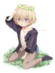  1boy :o aged_down arm_support arm_up aventurine_(honkai:_star_rail) bandaged_arm bandages black_hoodie black_socks blonde_hair blue_eyes blush brown_pants child commentary crossed_bangs flower flower_wreath grass hair_between_eyes hand_on_own_head head_wreath honkai:_star_rail honkai_(series) hood hood_down hoodie long_sleeves male_focus multicolored_eyes off_shoulder open_clothes open_hoodie open_mouth pants sakuya_990331 shirt short_hair sidelocks simple_background sitting socks solo torn_clothes torn_shirt translation_request violet_eyes wariza white_background white_flower white_shirt 
