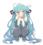  1girl ahoge aqua_eyes aqua_hair aqua_necktie bare_shoulders black_thighhighs blue_eyes blush boots commentary detached_sleeves elbow_rest grey_shirt hair_between_eyes half-closed_eyes hand_on_own_cheek hand_on_own_face hatsune_miku head_rest highres long_hair looking_at_viewer necktie nekonika_(e102k) shirt smile solo squatting thick_thighs thigh-highs thigh_boots thighs twintails very_long_hair vocaloid 