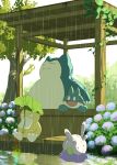  :d bush closed_mouth commentary_request fangs fangs_out flower goomy highres mri_361 no_humans open_mouth outdoors pokemon pokemon_(creature) psyduck puddle purple_flower rain sitting smile snorlax 