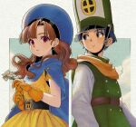  1boy 1girl alena_(dq4) belt blue_cape blue_eyes blue_hair blue_hat border buttons cape clift closed_mouth dragon_quest dragon_quest_iv earrings eyelashes flower gloves green_hat hat highres holding holding_flower jewelry long_hair mitre okita_(sukult_4) orange_gloves orange_hair outside_border red_eyes short_hair two-tone_hat wavy_hair white_border white_flower white_hat 