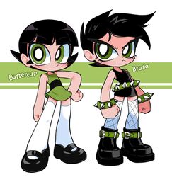  2girls alternate_legwear alternate_universe ankle_boots belt black-haired_customer_(book_of_the_cafe) black_dress black_footwear black_hair black_stripes blush boots bracelet bright_pupils brute_(ppg) buttercup_(ppg) cartoon_network character_name clenched_hands dark_persona dress eyelashes fishnets fishnets_over_socks frown green_belt green_bracelet green_dress green_eyes hand_on_own_hip highres jewelry kim_crab looking_at_viewer mary_janes multiple_girls multiple_views powerpuff_girls shoe_belt shoes short_dress short_hair single_horizontal_stripe sleeveless sleeveless_dress smile spiked_belt spiked_bracelet spikes standing thigh-highs v-shaped_eyebrows white_pupils white_thighhighs 