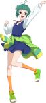  1girl :d antenna_hair arm_up blue_dress brown_eyes clenched_hand clothes_around_waist dress english_commentary farah_oersted full_body green_footwear green_hair highres jacket jacket_around_waist kneehighs long_sleeves looking_at_viewer neck_ribbon official_art open_mouth pinafore_dress red_ribbon ribbon school_uniform shirt shoes short_hair simple_background skirt sleeveless sleeveless_dress smile sneakers socks solo standing standing_on_one_leg sweater tales_of_(series) tales_of_asteria tales_of_eternia transparent_background white_shirt 