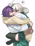  :d ahoge araga_kiwi arms_around_back arms_around_neck black_thighhighs cardigan carrying carrying_person closed_eyes commentary double_bun face-to-face green_sailor_collar green_skirt hair_between_eyes hair_bun hair_up happy heads_together heart heart_ahoge highres hiiragi_utena hug jitome leg_lock long_hair long_sleeves loving_aura mahou_shoujo_ni_akogarete mole mole_under_eye no_shoes notice_lines off_shoulder open_mouth pleated_skirt purple_hair raised_eyebrows red_eyes saiki_(mumei_912) sailor_collar school_uniform serafuku shaded_face shirt short_hair simple_background skirt smile soles spoken_squiggle squiggle standing standing_leg_lock teeth thigh-highs toes unamused wavy_hair wavy_mouth white_background white_hair white_shirt yellow_cardigan zettai_ryouiki 