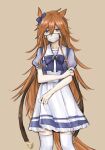  1girl aburi-gatana animal_ears bow brown_background cowboy_shot ear_bow holding_own_arm horse_ears horse_girl horse_tail long_hair looking_at_viewer mask mouth_mask orange_hair orfevre_(umamusume)_(old_design) puffy_short_sleeves puffy_sleeves purple_shirt sailor_collar school_uniform shirt short_sleeves simple_background skirt solo standing surgical_mask tail thigh-highs tracen_school_uniform umamusume violet_eyes white_skirt white_thighhighs 