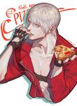  1boy belt_bra bishounen black_gloves blue_eyes coat dante_(devil_may_cry) devil_may_cry_(series) devil_may_cry_3 eating fingerless_gloves food gloves holding holding_food holding_pizza looking_at_viewer lykke male_focus muscular muscular_male pizza pizza_slice realistic red_coat smile solo white_hair 