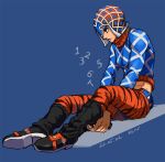  1boy animal_print black_footwear blue_background blue_shirt closed_mouth dated eyelashes fon-due_(fonfon) full_body guido_mista jojo_no_kimyou_na_bouken long_sleeves male_focus orange_pants pants red_hat shirt signature sitting solo tiger_print vento_aureo 