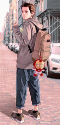  1boy back backpack bag black_socks blue_pants brown_bag brown_eyes brown_footwear brown_hair building car character_charm charm_(object) city commentary_request day earphones from_behind full_body grey_hoodie hand_up holding holding_earphones hood hoodie iron_man korean_commentary looking_at_viewer looking_back male_focus marvel marvel_cinematic_universe motor_vehicle outdoors pants peter_parker pocket redcokk shadow shoes short_hair single_earphone_removed sky sneakers socks solo standing white_sky 