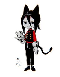  1boy :3 animal_ears black_bow black_bowtie black_eyes black_footwear black_hair black_pants black_vest bow bowtie cat_boy cat_ears cat_tail closed_mouth cup decided_218 full_body gloves hair_between_eyes highres holding holding_tray jitome kani_(kuusou_ryouriten) kuusou_ryouriten long_sleeves looking_at_viewer male_focus pants red_shirt shirt shoes short_ponytail sidelocks simple_background solo standing tail teacup teapot tray vest virtual_youtuber white_background white_gloves 